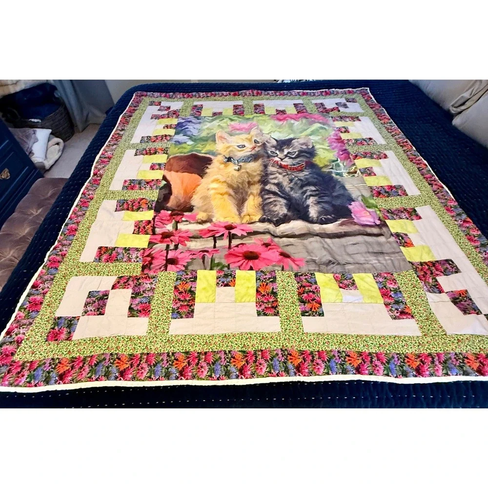 Quilt Two Adorable Kittens Pink Flowers Log Cabin Design Cozy Blanket 64